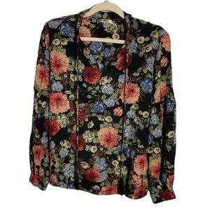 Seven 7 Women's Size Medium Black Floral Balloon Sleeve Peasant Blouse Boho Top